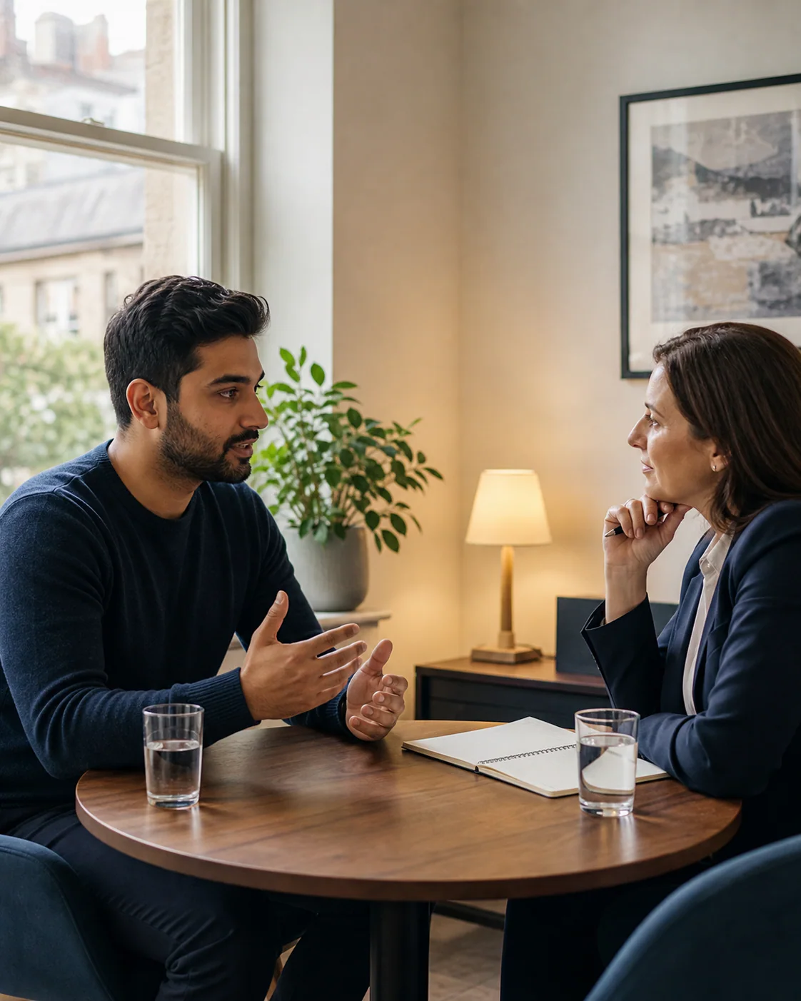 A prospective learner discussing study options with an education adviser