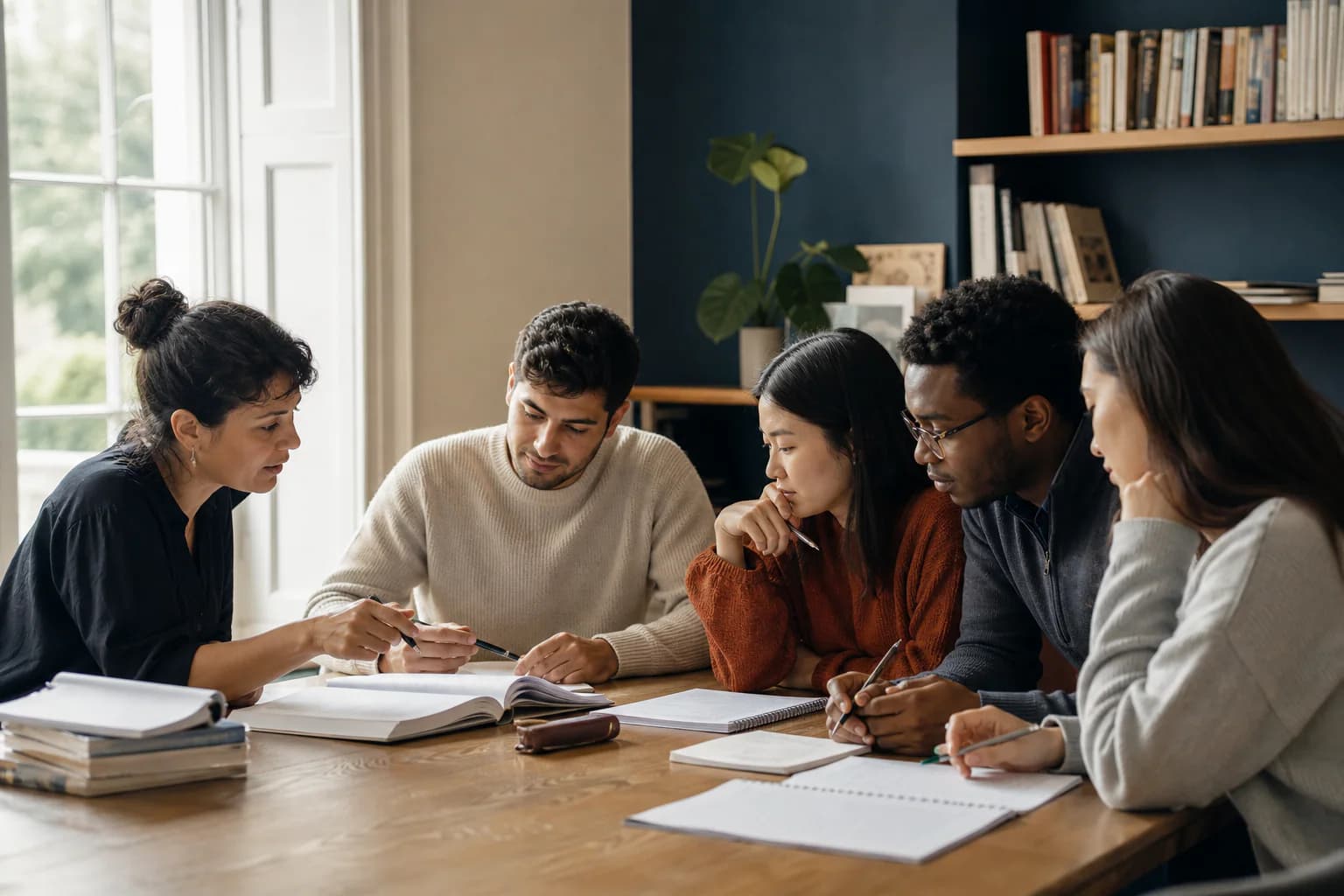 Adult learners work with a tutor around a classroom table