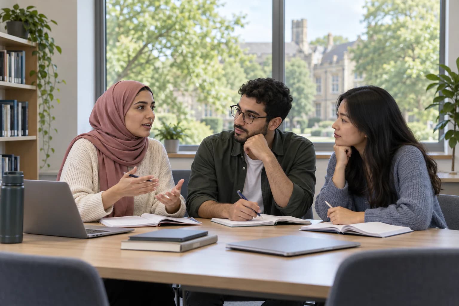 Young adult learners practise academic discussion together at a study table
