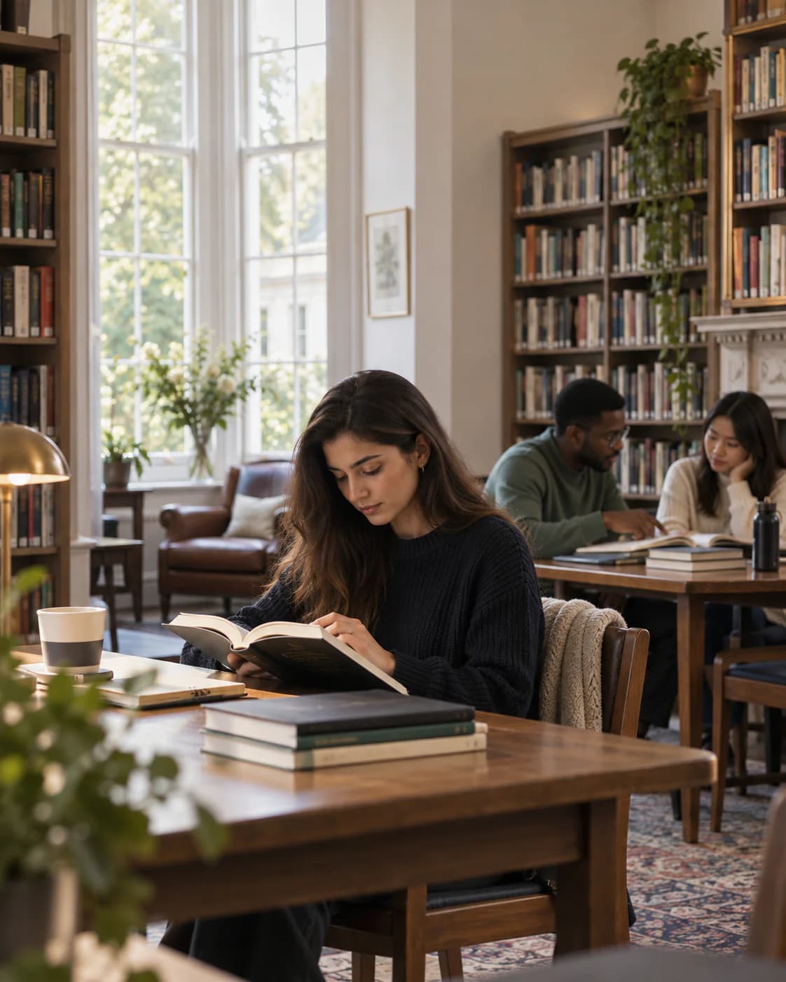 Adult learners read and discuss their work in a library-style study room