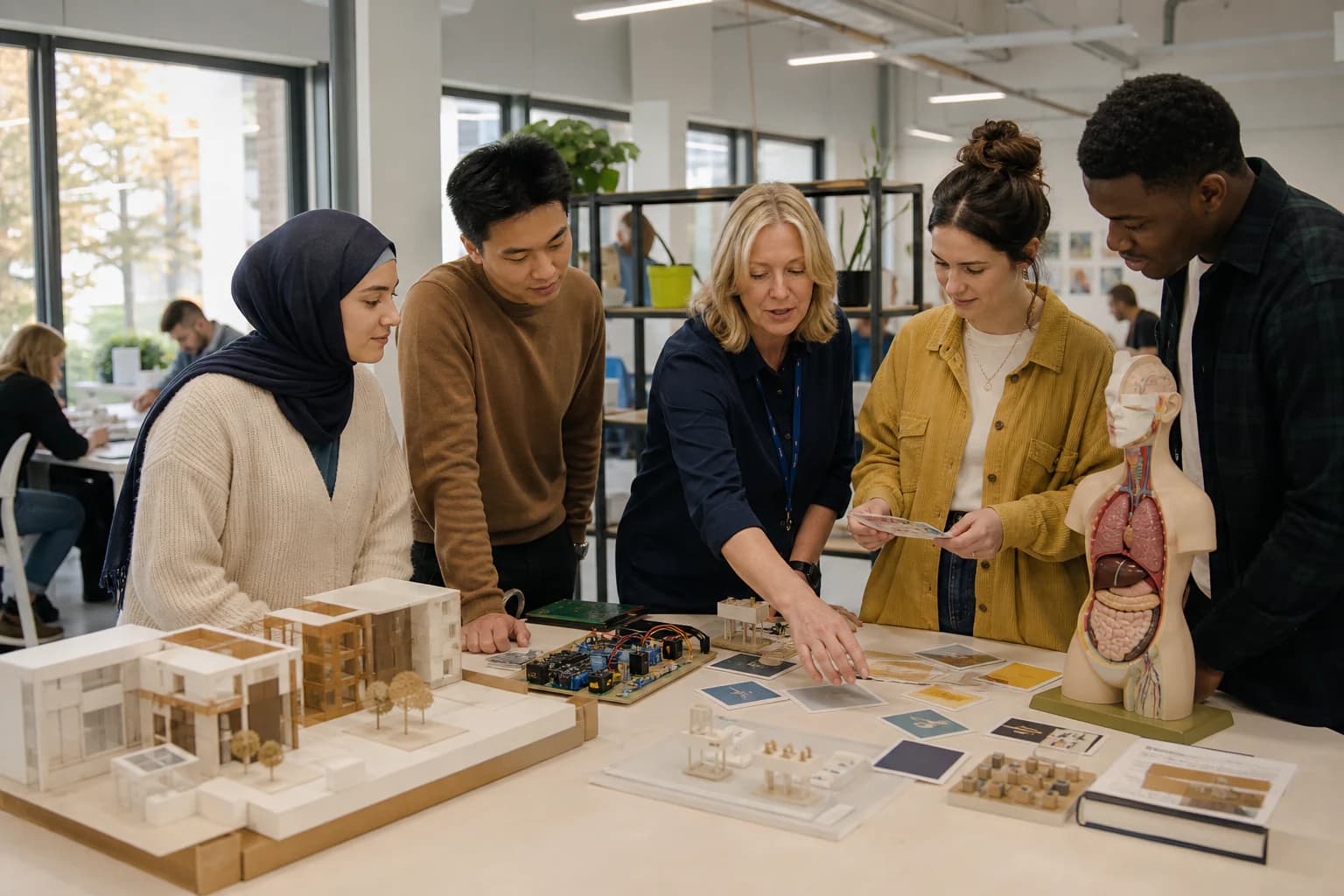 Adult learners compare materials from several Foundation subject pathways with a tutor