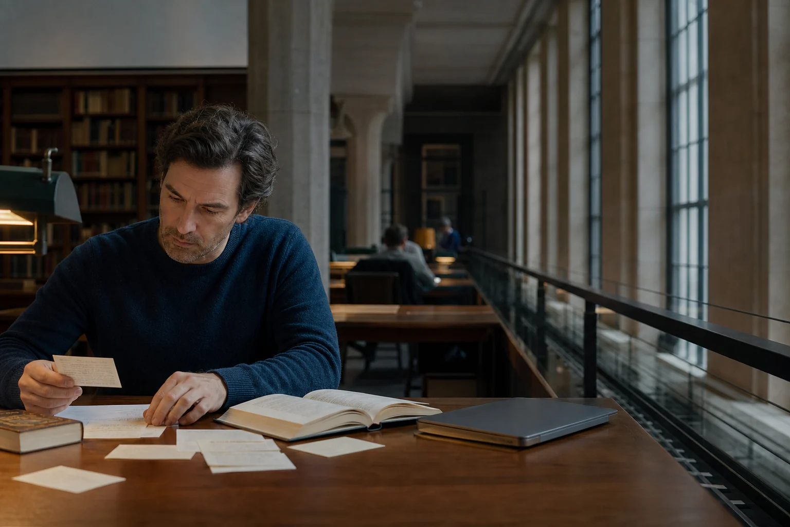 An adult learner organises research notes and reference books in a quiet library