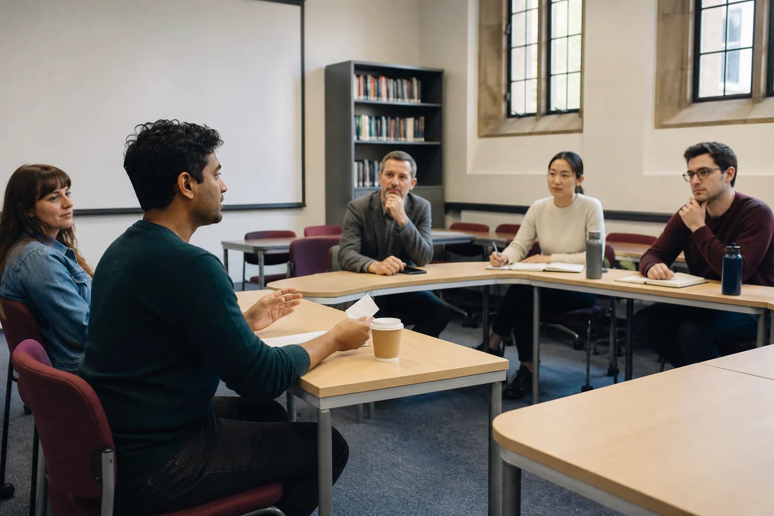 An adult learner presents an argument while peers listen in a small academic seminar