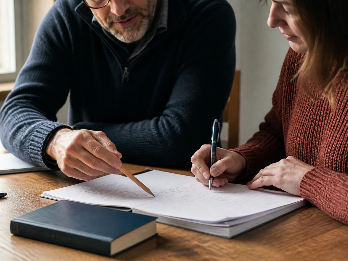 A tutor gives an adult learner feedback on written work