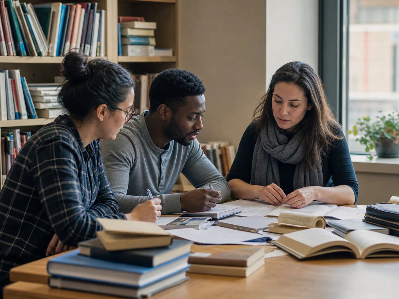 Three adult learners prepare together around a library table