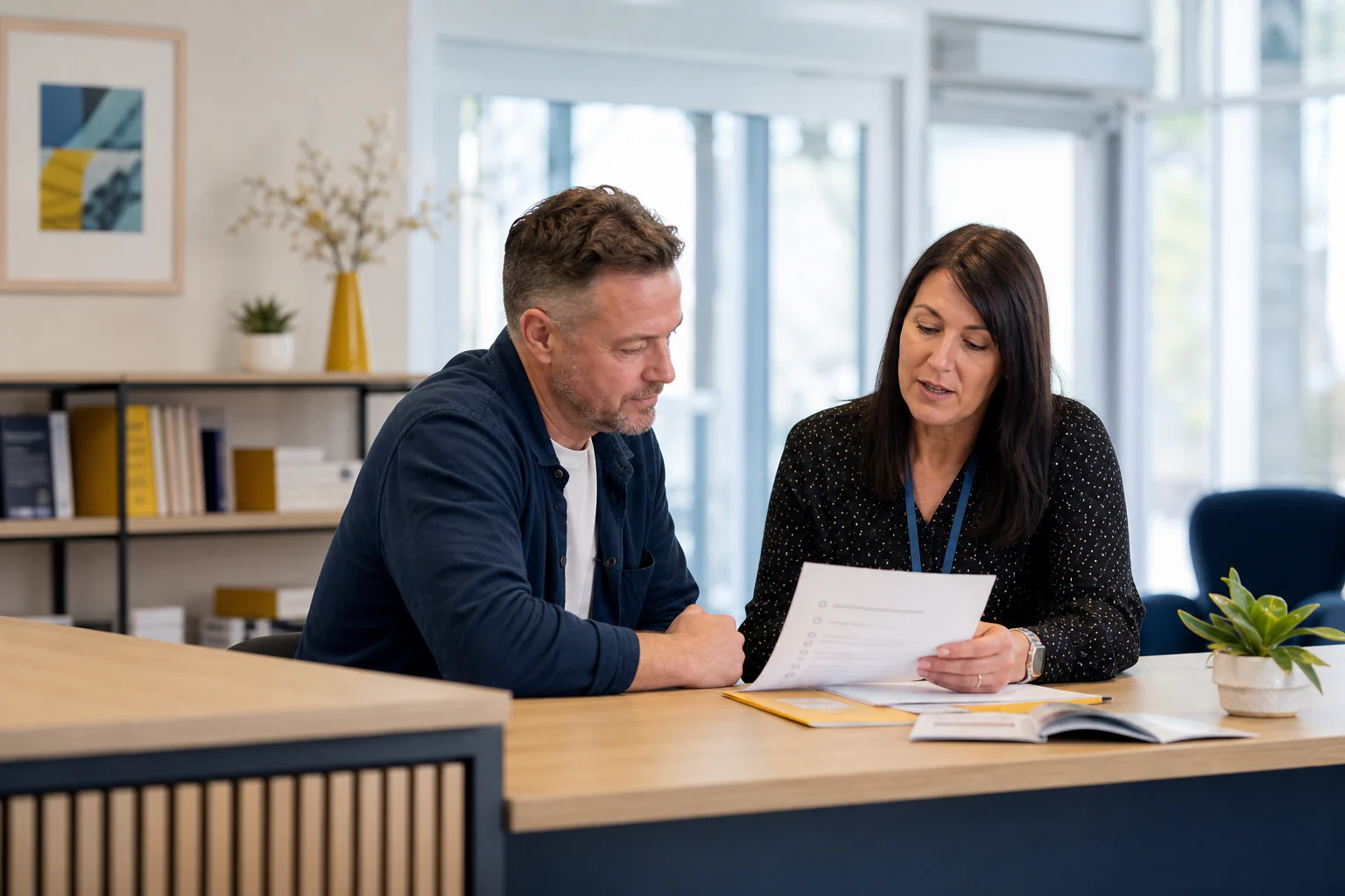 An adult applicant reviews the next steps in an application with an admissions adviser